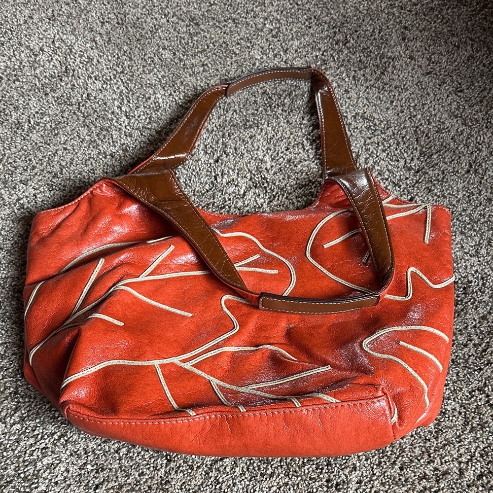 Nine West Orange Leather Shoulder Bag with Brown Straps